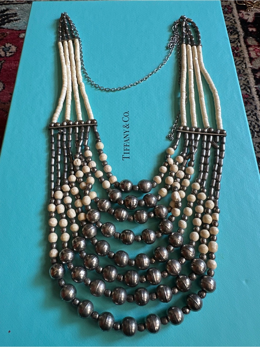 Vintage Carved Bone Sterling Beads Bib Necklace